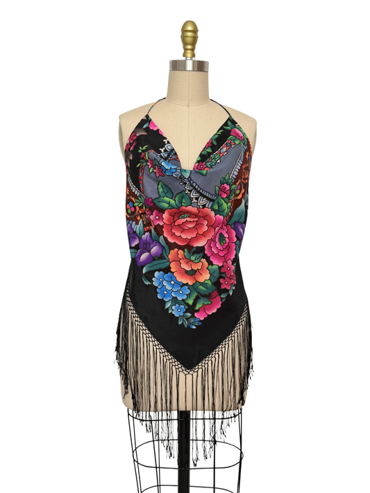 Upcycled Babushka Black Scarf Top