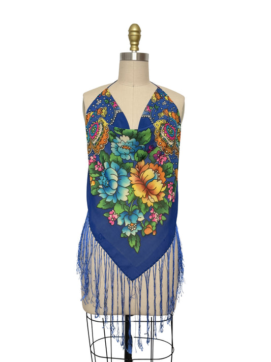 Upcycled Babushka Blue Scarf Top